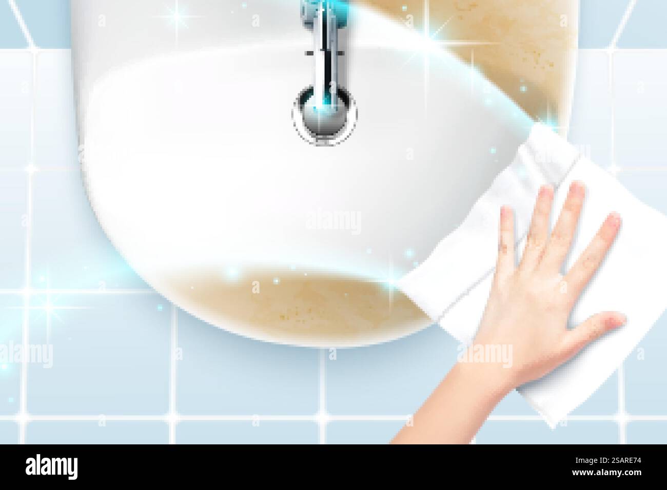 Mano realistica utilizzando una salvietta disinfettante per pulire il lavandino sporco del bagno con un effetto scintillante pulito. Sfondo pubblicitario vuoto nell'illustrazione 3D... Pulizia del lavandino del bagno con salviette Illustrazione Vettoriale