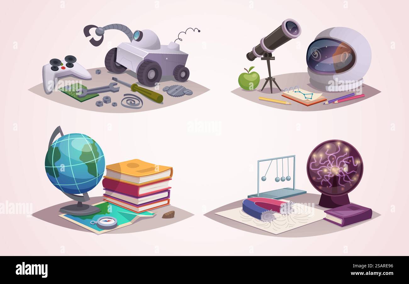 Scienza. Astronomia geografia biologia elementi didattici matite quaderno simboli matematici immagini vettoriali esatte dei cartoni animati. Illustrazione dell'apprendimento astronomico e della fisica della ricerca. Scienza. Astronomia geografia biologia elementi didattici matite quaderno simboli matematici immagini vettoriali esatte dei cartoni animati Illustrazione Vettoriale