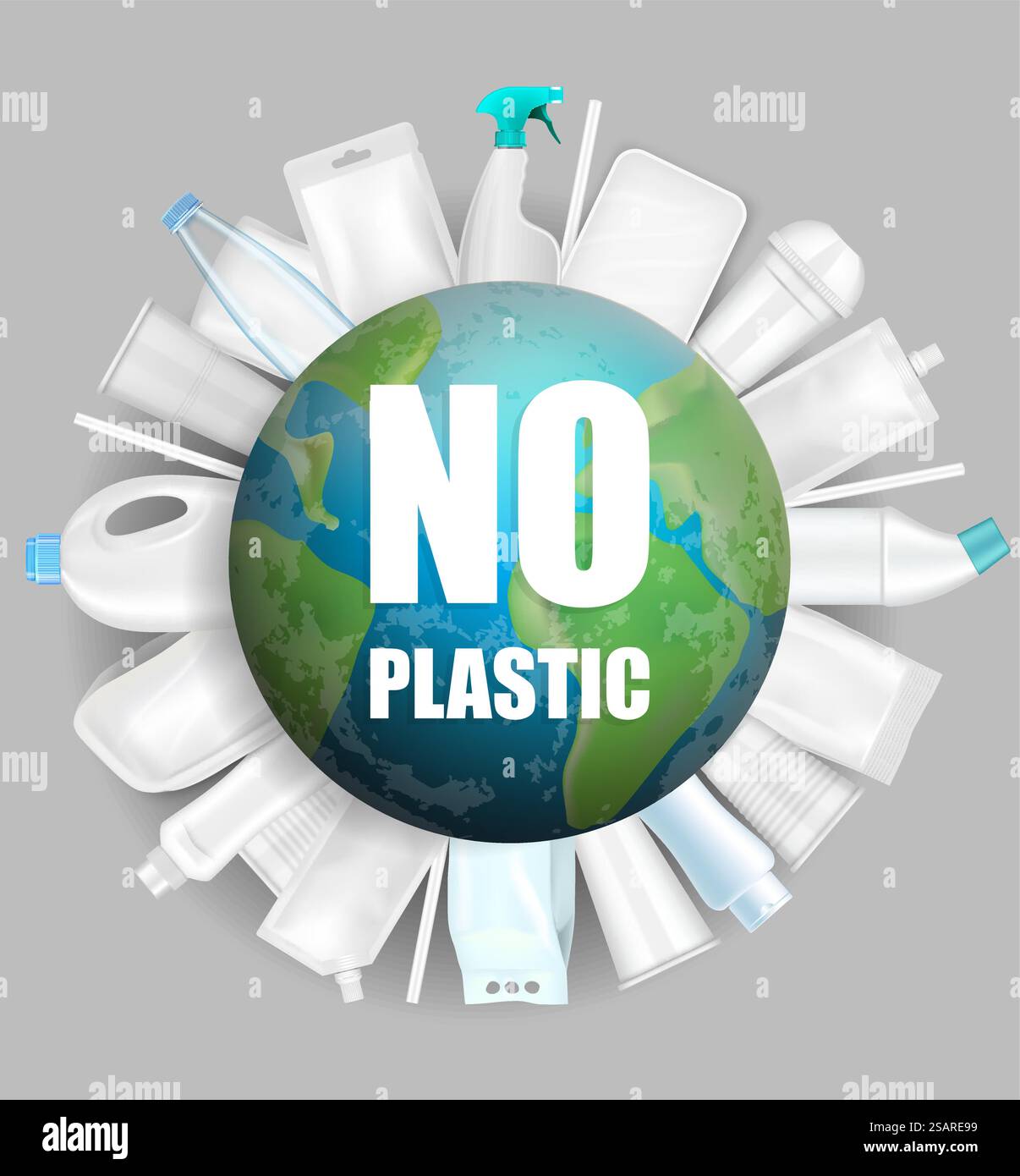 Pianeta Terra globo senza slogan di plastica e bottiglie di plastica, tazze, confezioni intorno ad esso, illustrazione vettoriale. Salvare pianeta, vita senza concetto di plastica per poster, banner, volantini, ecc... Globo senza slogan di plastica, illustrazione vettoriale Illustrazione Vettoriale