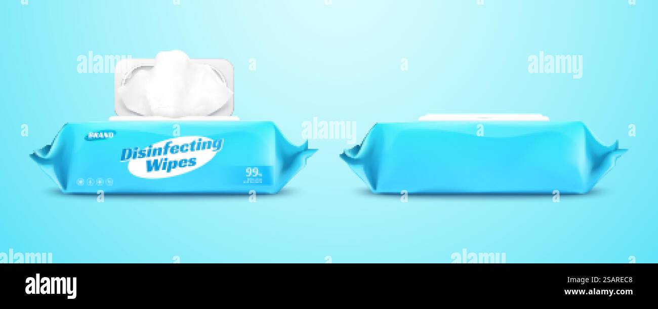 Set di confezioni di salviette disinfettanti isolate su sfondo blu, una con etichetta e l'altra senza illustrazione 3d. Confezione di salviette disinfettanti mockup Illustrazione Vettoriale