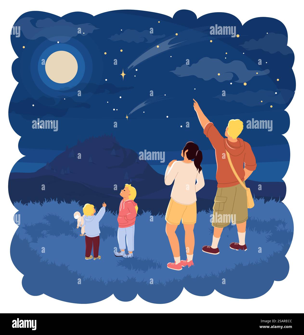 Famiglia felice che viaggia riposa all'aperto guardando le immagini vettoriali del cielo stellato di notte. Madre, padre e figli sul paesaggio del parco naturale. Una famiglia felice si riposa insieme all'aperto guardando il cielo stellato Illustrazione Vettoriale