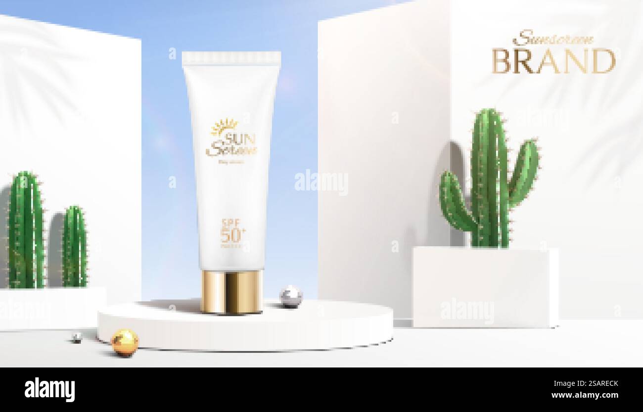 annuncio 3d estivo con crema solare. Immagine del prodotto per la protezione solare esposto sul podio rotondo e dei cactus che si trovano su due lati. annuncio 3d estivo con crema solare Illustrazione Vettoriale
