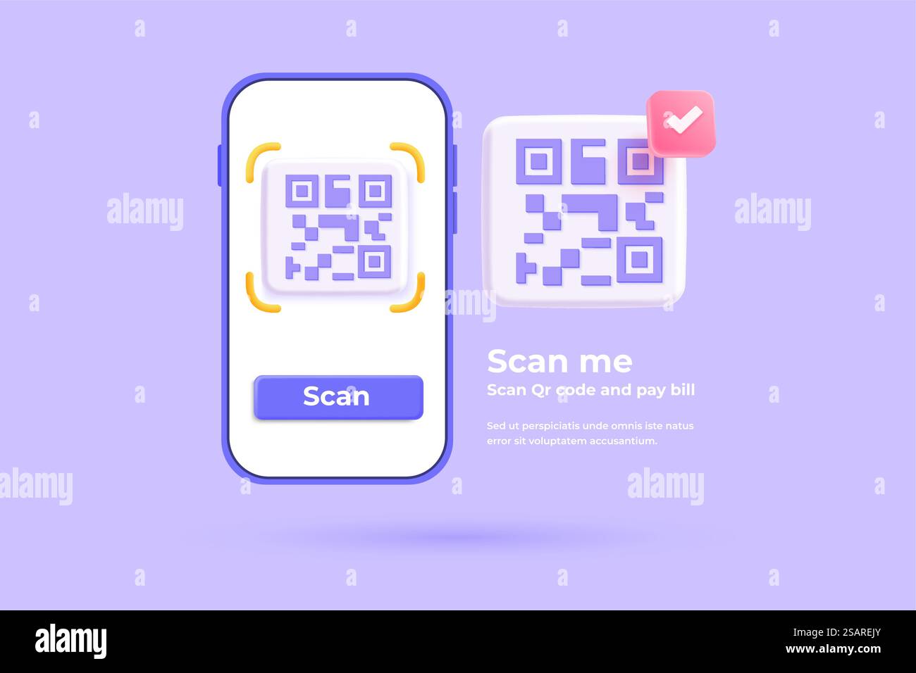 Rendering 3d dello smartphone e pulsante per la scansione del codice qr per il pagamento online, la transazione di denaro sul servizio di app mobile. Cartoon Plastic render Digital marketing, acquisto online sul sito Web. Illustrazione 3d vettoriale Illustrazione Vettoriale