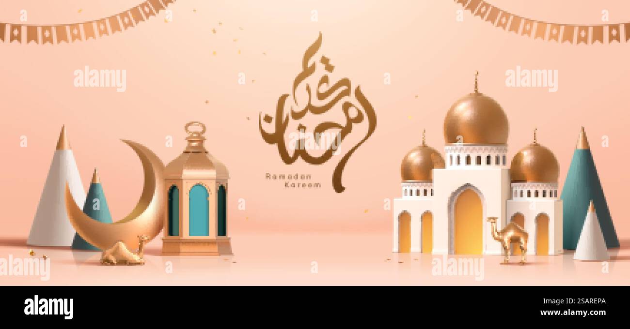 Layout 3d per festeggiamenti in Ramadan o islamici con moschea, lanterne e giocattoli a cammello. Calligrafia di saluto: EID Mubarak.. Banner per festeggiare le festività islamiche Illustrazione Vettoriale