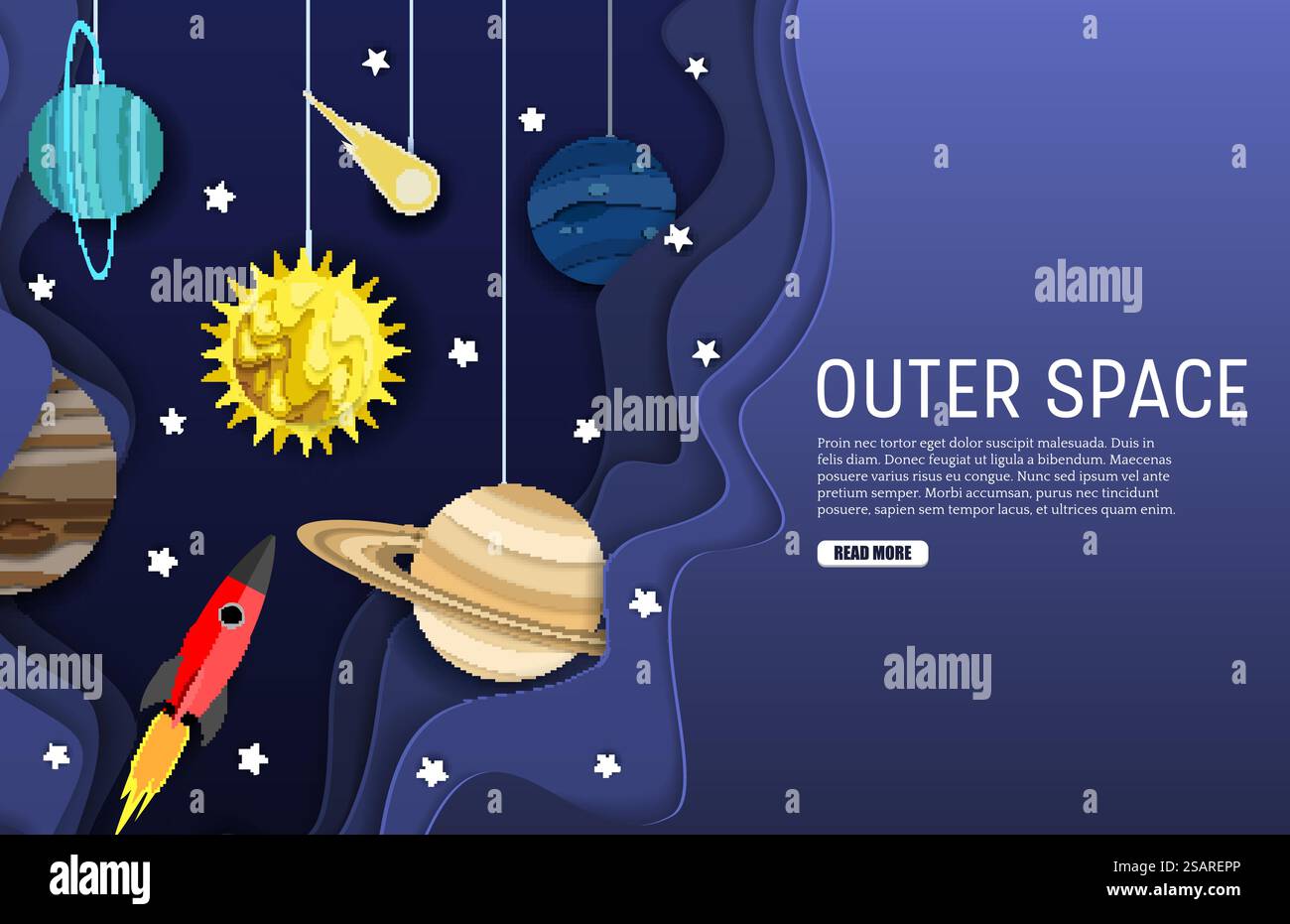 Modello di banner Web nello spazio esterno. Carta vettoriale tagliata in stile Sole con pianeti del sistema solare, razzo volante, cometa e stelle. Viaggio spaziale, concetto di esplorazione dell'universo.. Modello per banner Web nello spazio esterno, stile di taglio carta stratificato vettoriale Illustrazione Vettoriale