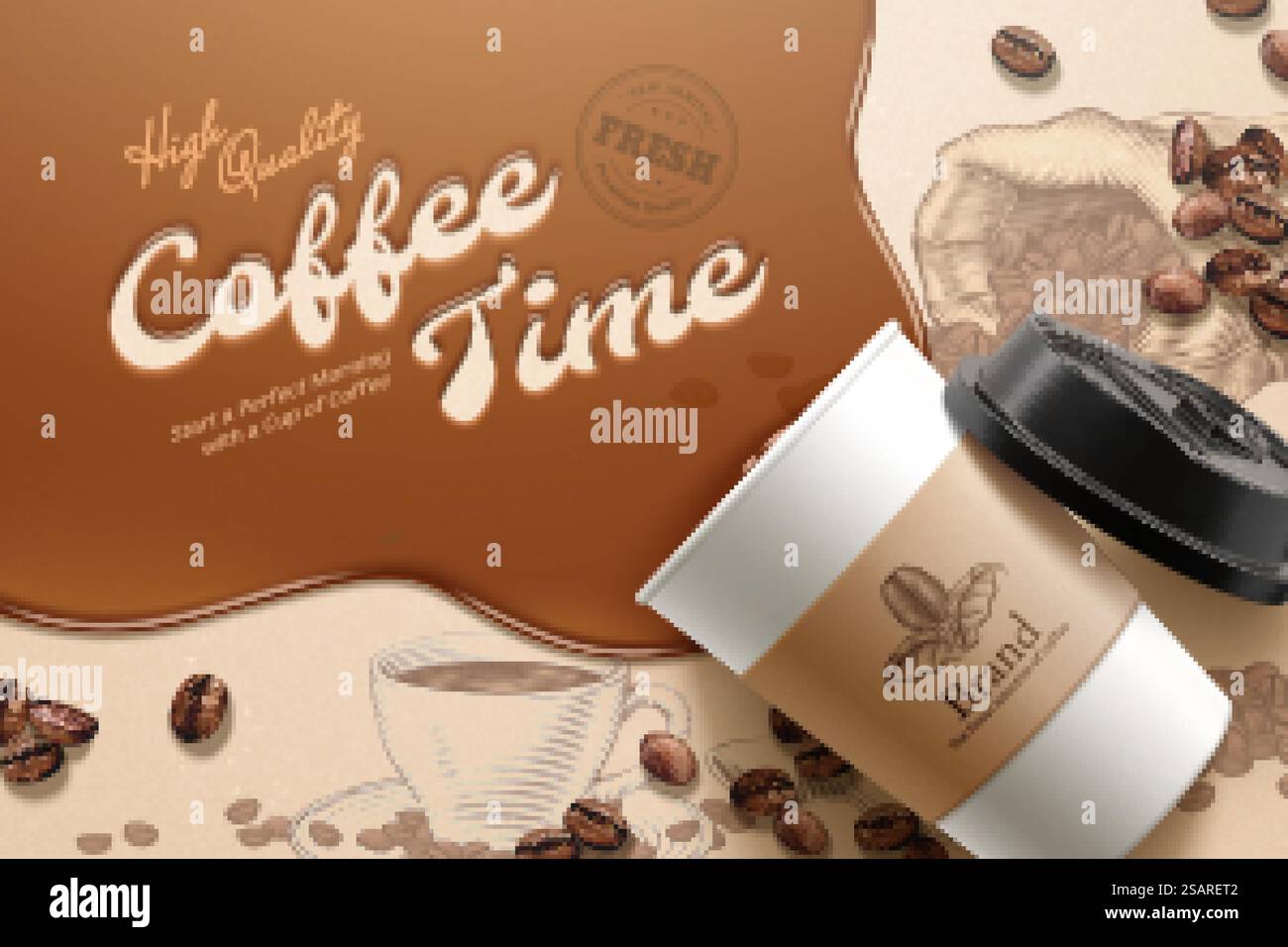 Posa piatta di tazza monouso con liquido marrone e chicchi di caffè su sfondo inciso. Annuncio caffè su sfondo inciso Illustrazione Vettoriale