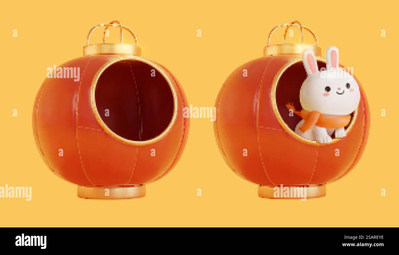 Lanterna 3D con bordo dorato e manico. Lanterne rosse rotonde con un simpatico coniglio Illustrazione Vettoriale