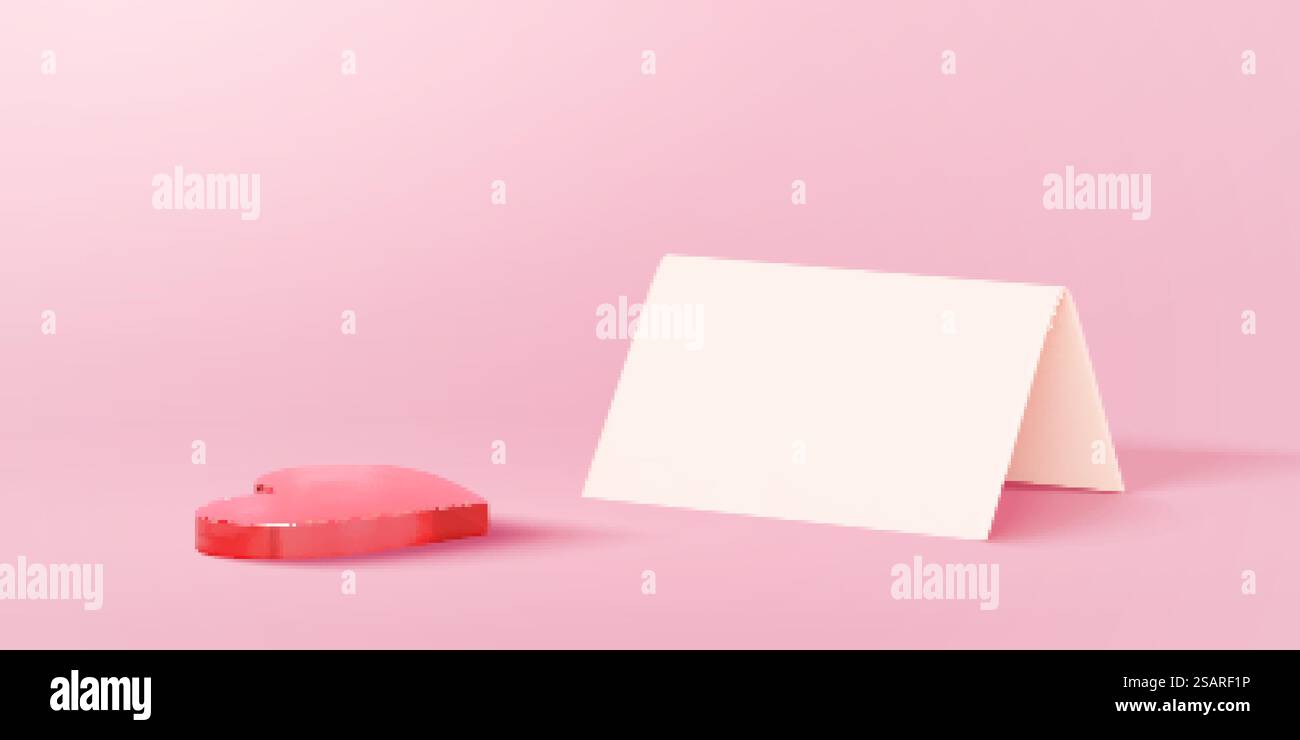 Illustrazione 3D di un supporto di carta bianca e una decorazione a cuore acrilico rosso isolata su sfondo rosa. Elementi adatti per la festa della mamma e del maestro. Supporto per carta bianca 3D e cuore rosso Illustrazione Vettoriale