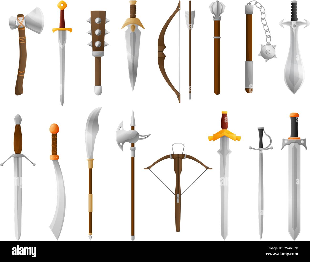 Arma medievale dei cartoni animati. Vecchia spada, arco e ascia. Set di illustrazioni vettoriali per armi da battaglia fantasy cavaliere. Acciaio attrezzature antiche per la protezione di guerrieri o soldati o combattere isolati. Arma medievale dei cartoni animati. Vecchia spada, arco e ascia. Set di illustrazioni vettoriali per armi da battaglia fantasy cavaliere Illustrazione Vettoriale