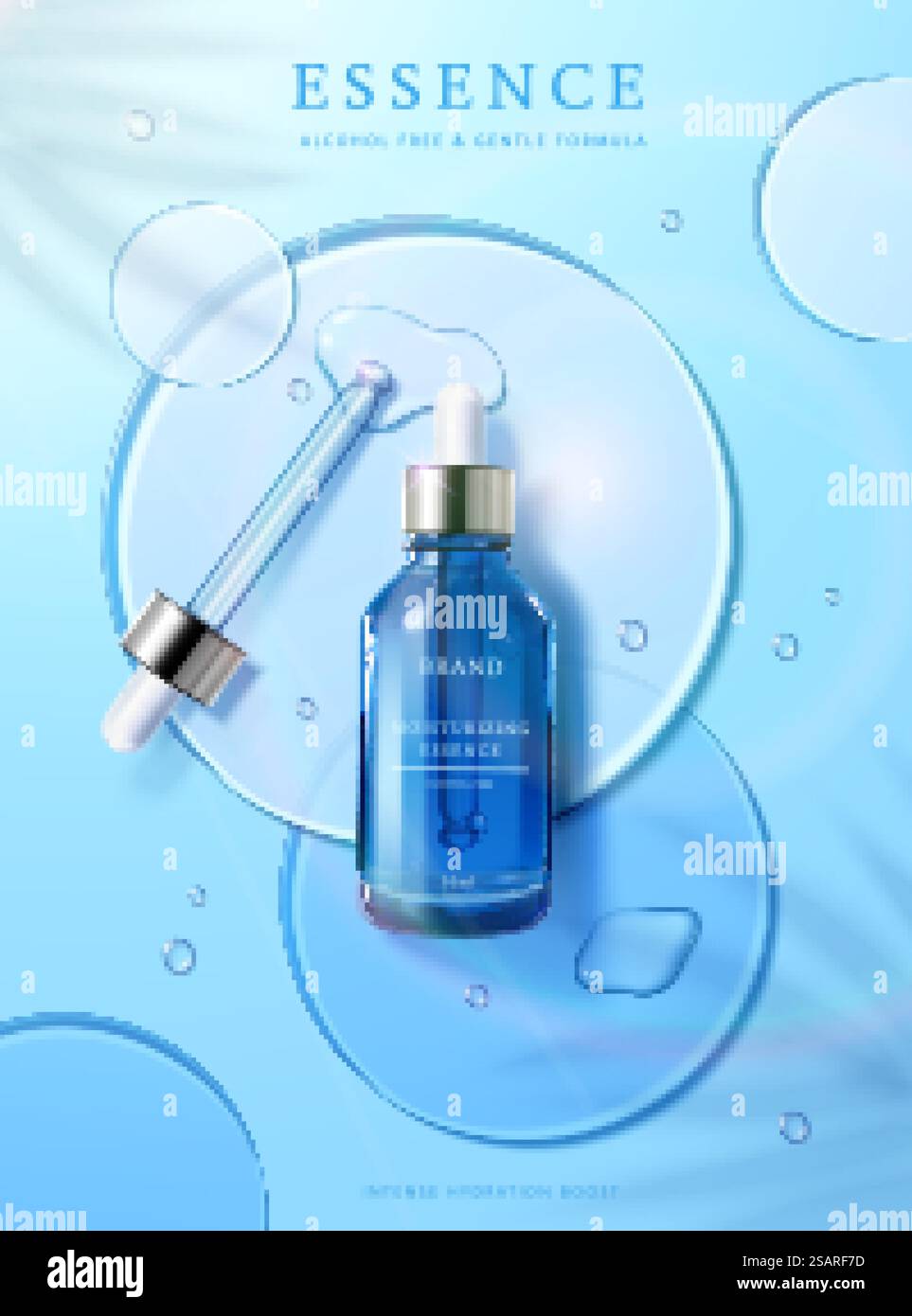 annuncio cosmetico 3d face essence. Immagine del siero facciale idratante e leggermente ruvido su dischi circolari trasparenti. annuncio cosmetico 3d face essence Illustrazione Vettoriale