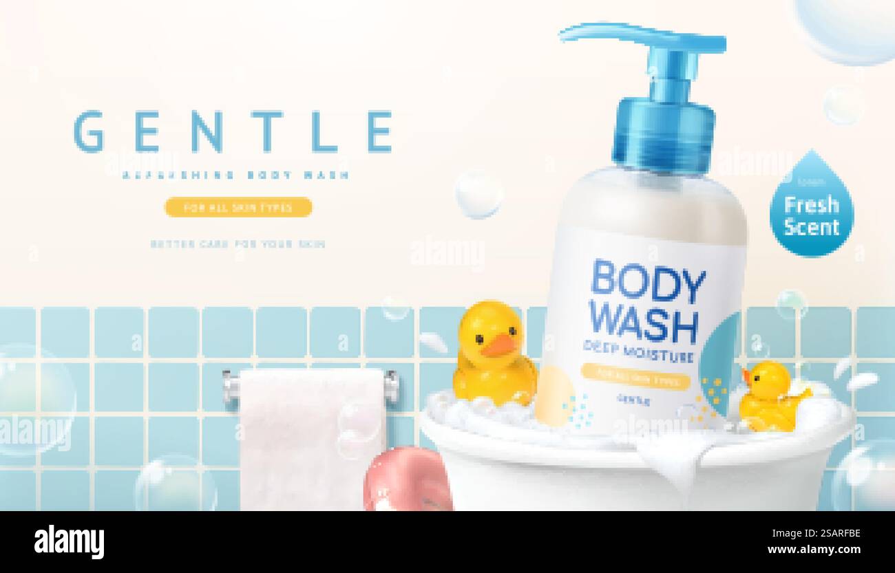 Design pubblicitario per il body wash in 3d, bottiglia di prodotto nella vasca da bagno con anatre gialle e bolle in bagno. Annuncio banner per il body wash Illustrazione Vettoriale