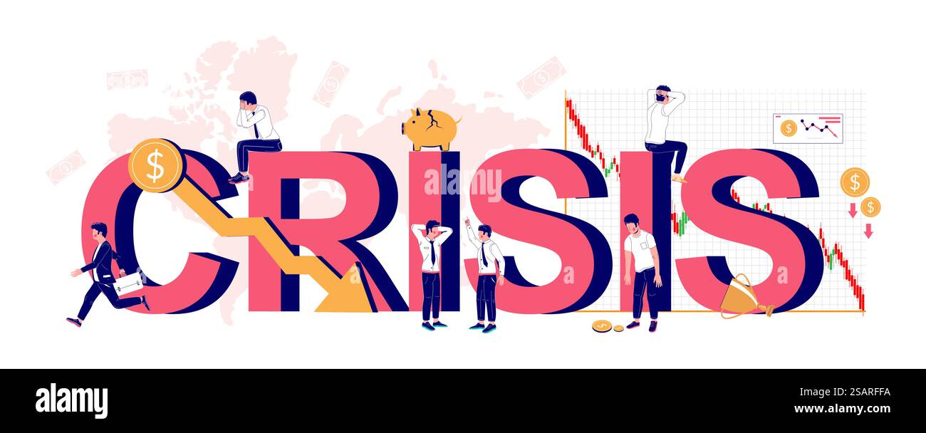 Modello di banner vettoriale tipografico di crisi. Crollo e depressione economica, crisi finanziaria globale, recessione economica, recessione con alto tasso di fallimento e disoccupazione. Modello banner tipografico crisi, illustrazione piatta vettoriale Illustrazione Vettoriale