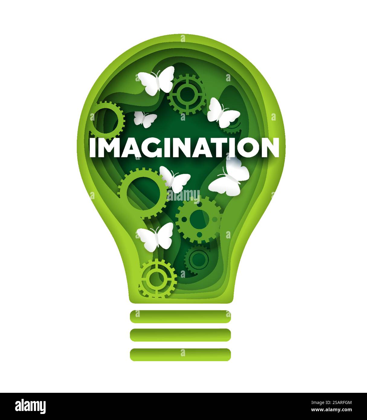 Illustrazione del concetto vettoriale dell'immaginazione in stile moderno dell'arte della carta. Lampadina a strati papercut verde con farfalle bianche. Fantasia, sogno, pensiero creativo, idea... Illustrazione del concetto del vettore immaginario in stile cartaceo Illustrazione Vettoriale