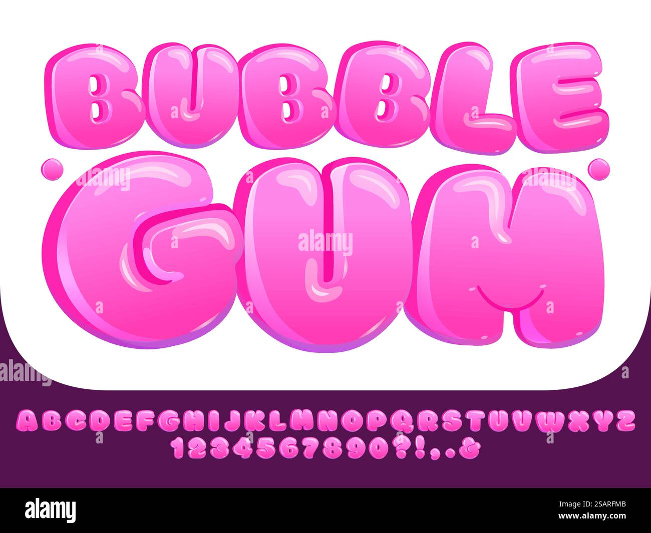 Font gomma bolla. Le lettere rosa dolci, i numeri di caramelle lecca lucide e le divertenti bolle dell'alfabeto mostrano il set di caratteri alfabetici e le illustrazioni di design abc. Font gomma bolla. Le dolci lettere rosa, i numeri di caramelle lecca lucide e le divertenti bolle dell'alfabeto mostrano il set di caratteri vettoriali Illustrazione Vettoriale