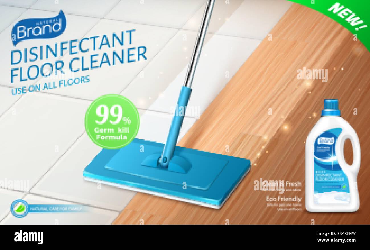 illustrazione 3d di pavimenti realistici per la pulizia di mocio con detergente disinfettante. Layout del modello ad di candeggina o detergente per pavimenti. Promo detergente disinfettante per pavimenti Illustrazione Vettoriale