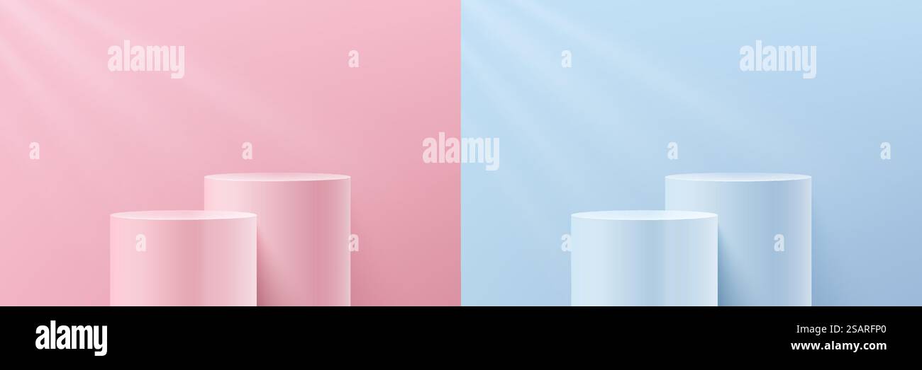 Set di podio per cilindri in vetro trasparente 3d astratto su pareti e illuminazione color pastello rosa e blu. Raccolta della piattaforma geometrica di rendering vettoriale per la presentazione del prodotto. Illustrazione Vettoriale