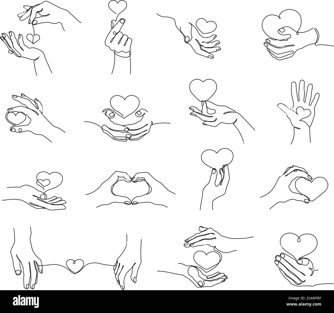 Una linea di mani che tengono il cuore. Gesti delle mani con forma d'amore, coppia romantica e set illustrativo vettoriale. Relazioni romantiche, concetto di beneficenza linea continua. Una linea di mani che tengono il cuore. Gesti delle mani con forma d'amore, coppia romantica e set illustrativo vettoriale Illustrazione Vettoriale