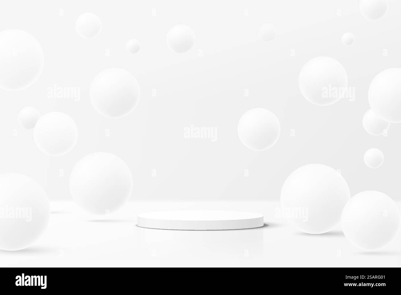 Piedistallo o podio per cilindri bianchi 3d astratti realistici con bolla bianca o sfere sferiche che volano sull'aria. Fase per la presentazione dell'esposizione del prodotto. Futuristica scena minimalista in argento. Monolocale moderno. Illustrazione Vettoriale