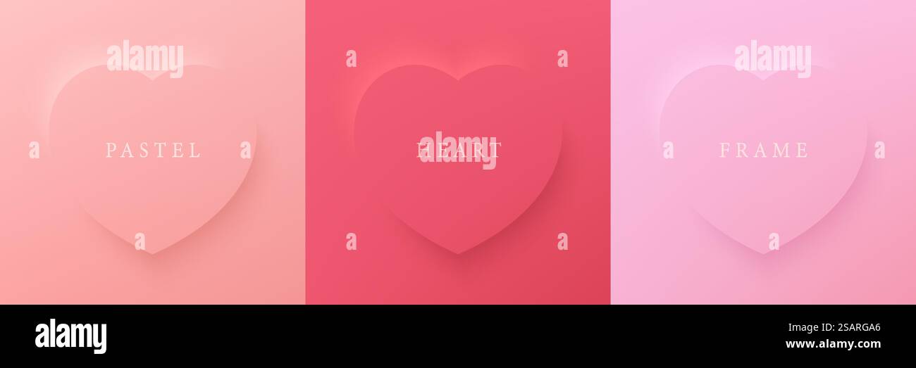 Set di cornici a forma di cuore 3D color rosa pastello e rosso. Raccolta di sfondo geometrico per la visualizzazione di prodotti cosmetici. Elementi per il design del festival di san valentino. Vista dall'alto. Illustrazione vettoriale Illustrazione Vettoriale