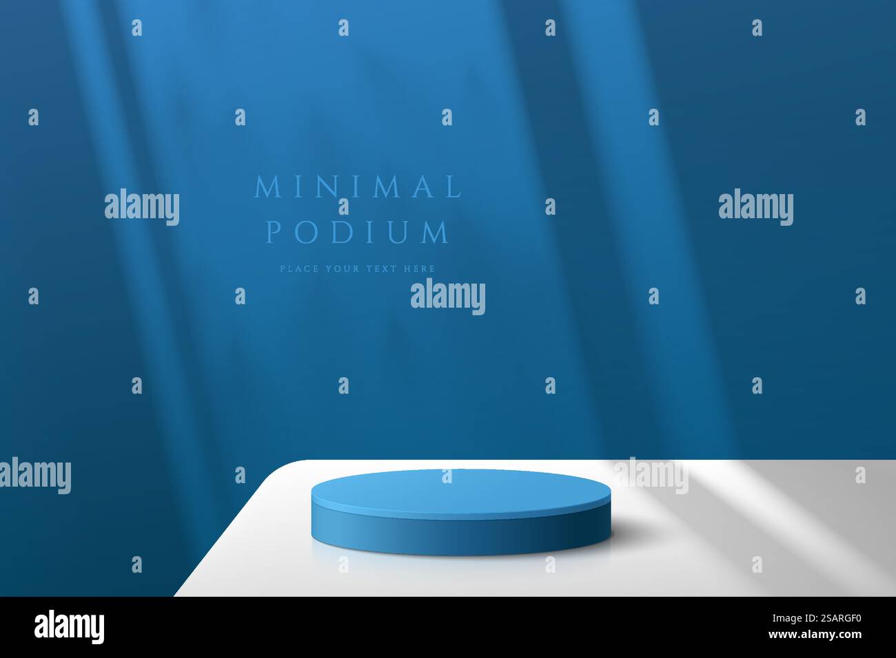 Camera 3D blu astratta con piedistallo cilindrico realistico su tavolo bianco e ombra della finestra. Scenografia minima per la presentazione del prodotto. Mock-up vettoriale di forme geometriche. Palcoscenico per la vetrina Illustrazione Vettoriale