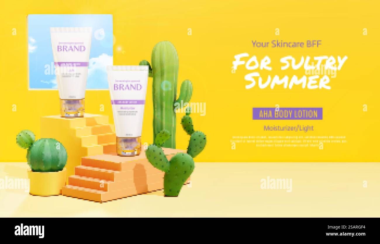 modello di annuncio 3d per lozione acida estiva. Mock-up su scala con decorazione a cactus. Adatto per la promozione cosmetica. Modello di lozione cosmetica estiva Illustrazione Vettoriale