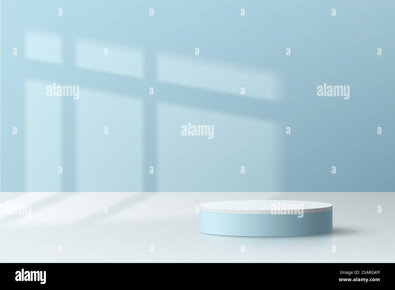 Piedistallo per cilindri 3D bianco e blu realistico con illuminazione della finestra e ombre sulla parete. Scena minimale pastello per l'esposizione di prodotti mockup. Forme geometriche di rendering vettoriale. Palcoscenico per la vetrina. Illustrazione Vettoriale
