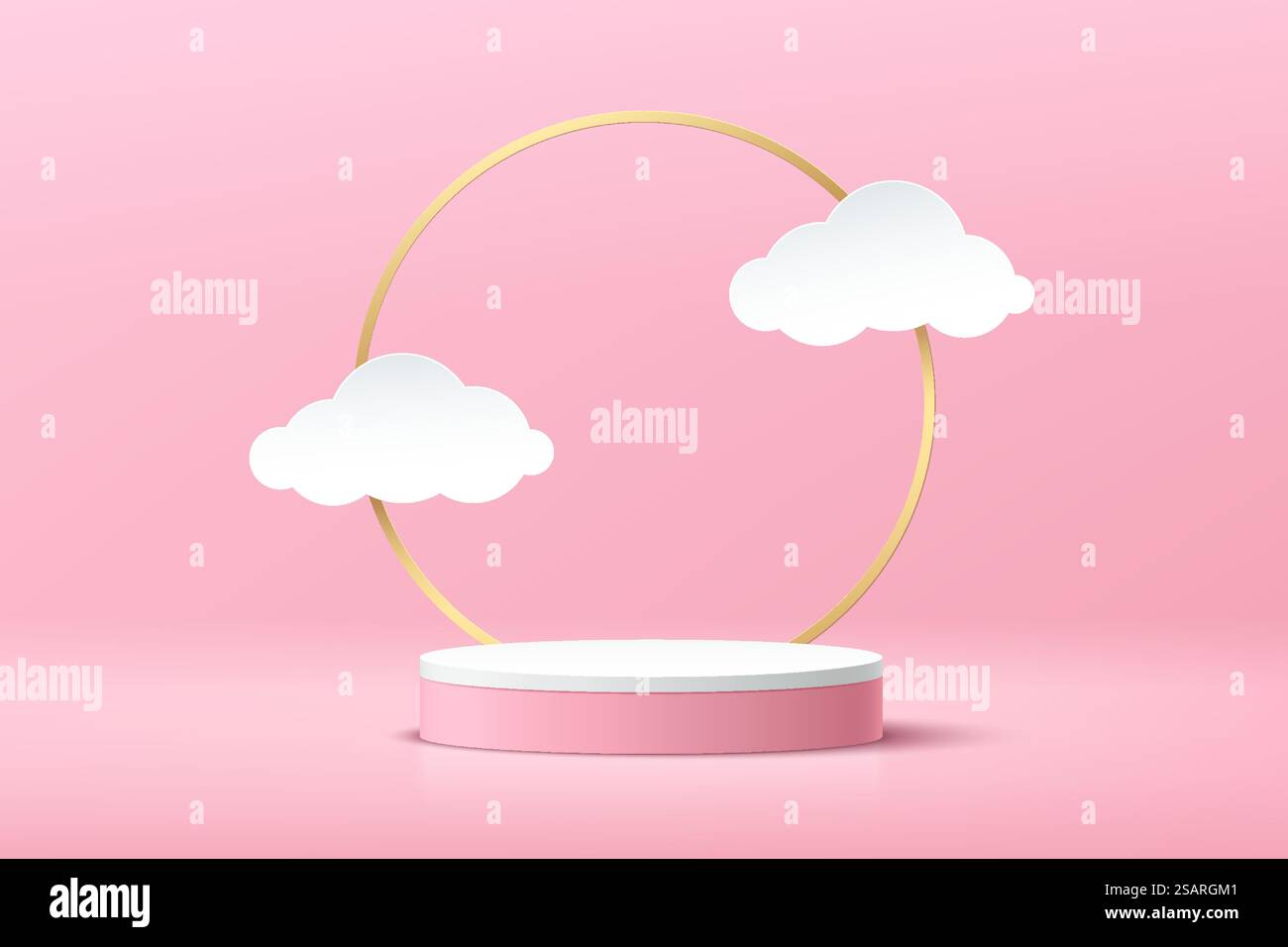 Piedistallo bianco per cilindri. Scenografia minimale rosa dolce con anello dorato e taglio in carta a forma di nuvola. Rendering vettoriale forma 3d, presentazione visualizzazione prodotto. Design astratto della stanza. Illustrazione Vettoriale
