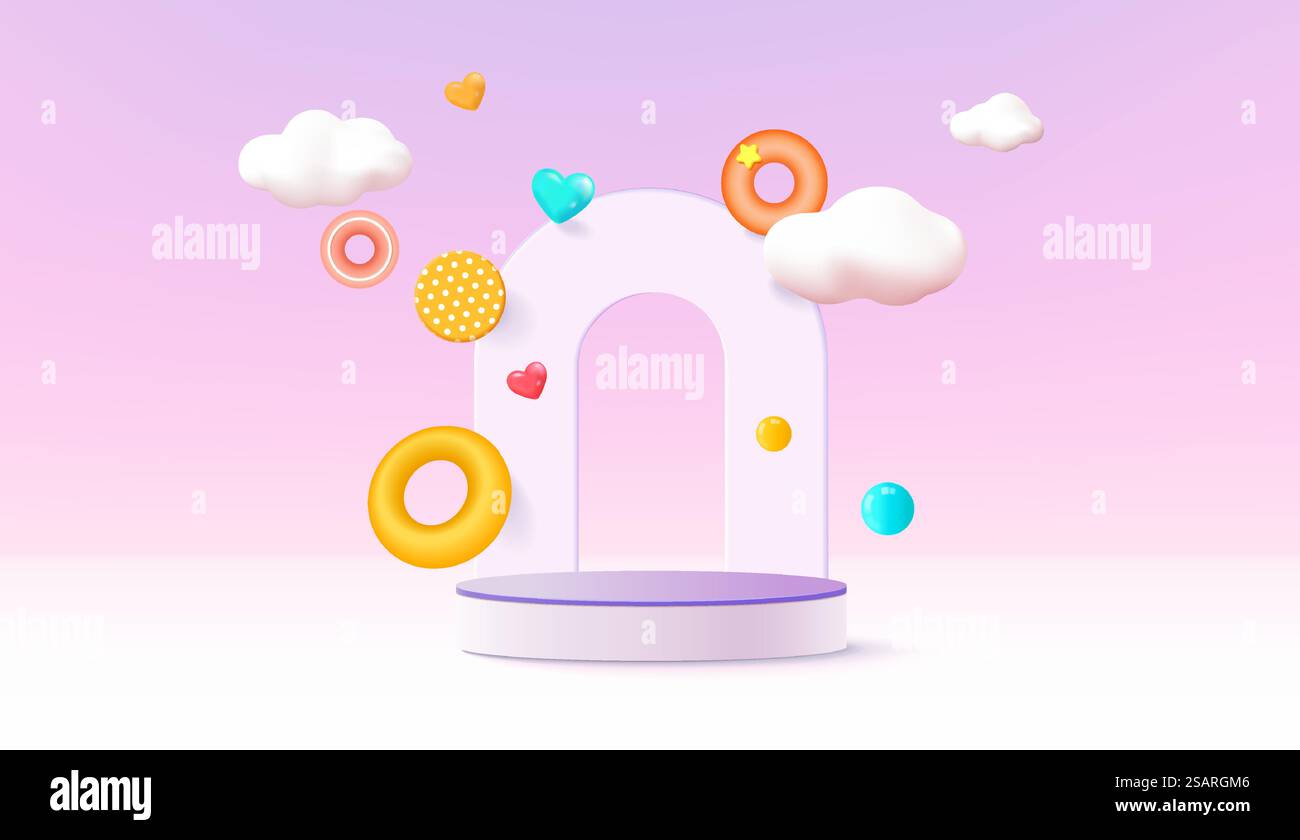 Realistico podio 3D con piedistallo cilindrico con nuvola in una scena a forma di arco. Scenografia minima per la vetrina dei prodotti, esposizione della promozione Stage. Piattaforma Vector Abstract Studio Room. Illustrazione Vettoriale