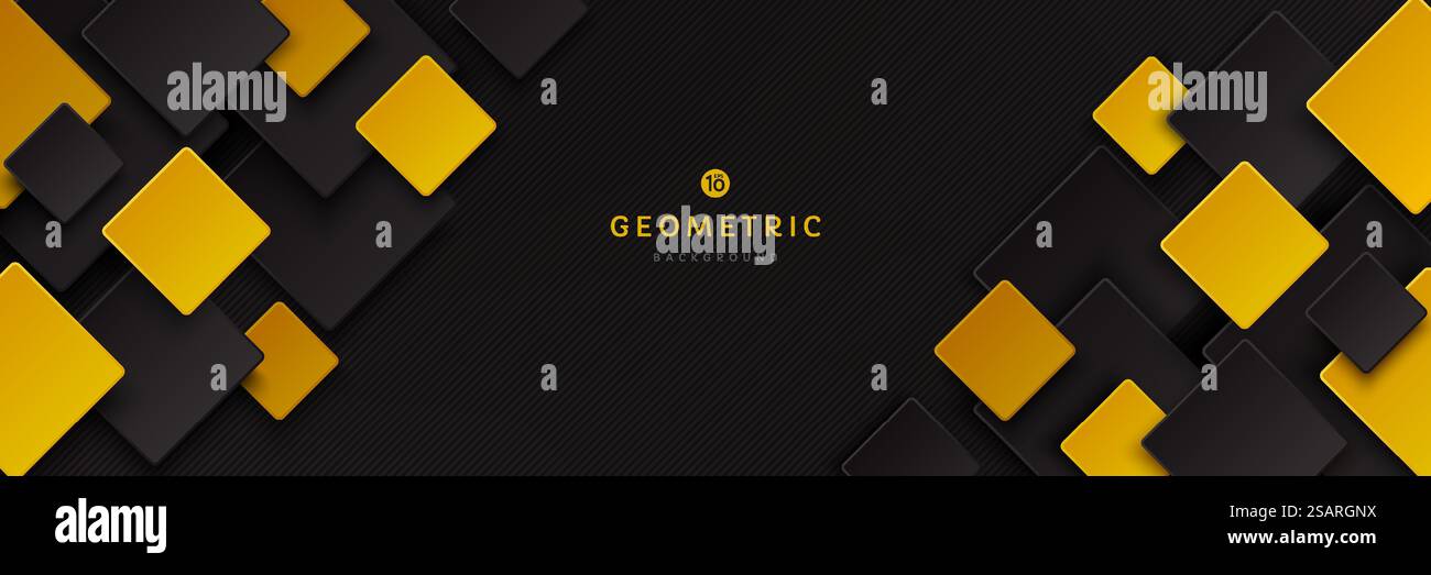 Moderno motivo quadrato di colore nero e giallo dorato sovrapposto su sfondo scuro con ombra. Forma geometrica a colori astratta e di tendenza con spazio di copia. Concetto futuristico e tecnologico. EPS10 vettoriale. Illustrazione Vettoriale