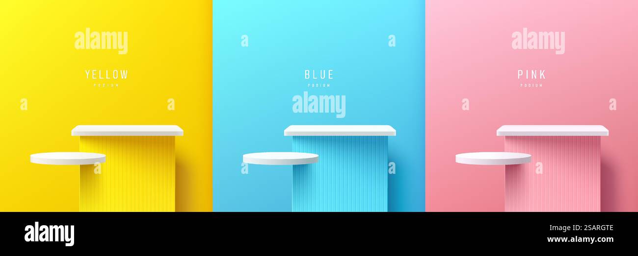 Set di realistici cubetti 3d gialli, blu e rosa, podio e piedistallo bianco che galleggia sull'aria. Forme geometriche di rendering vettoriale astratto. Scenografia murale minimale. Vetrina scenica, esposizione dei prodotti Mockup. Illustrazione Vettoriale