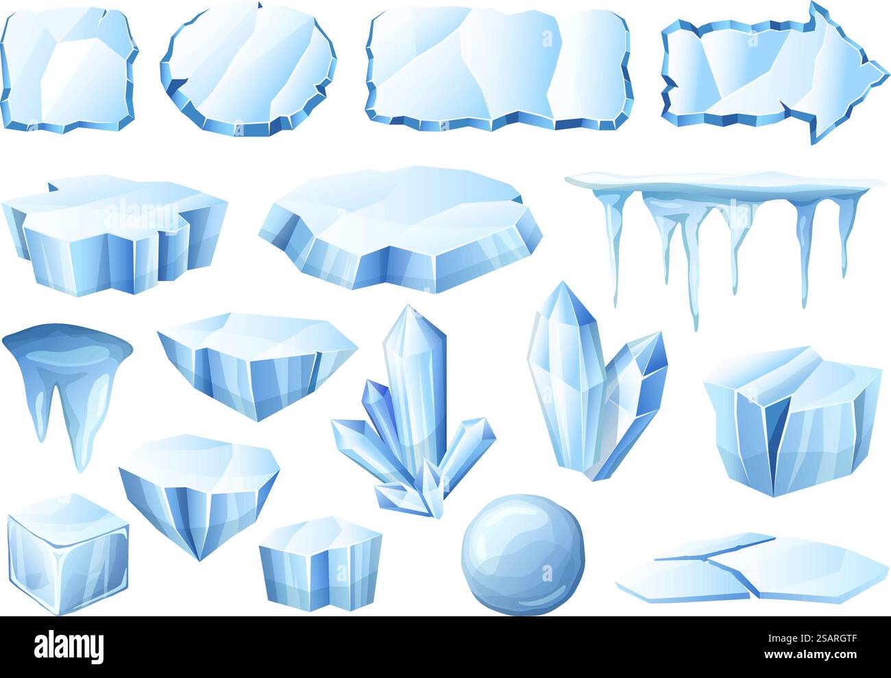 Ghiaccio per cartoni animati. Set vettoriale di cristalli di ghiacciaio, pezzi di ghiaccio e cornici ghiacciate fredde. Blocchi antartici congelati. Polo Nord pezzi di diverse forme geometriche come ovale, rettangolo, freccia per i giochi. Ghiaccio per cartoni animati. Set vettoriale di cristalli di ghiacciaio, pezzi di ghiaccio e cornici ghiacciate fredde Illustrazione Vettoriale