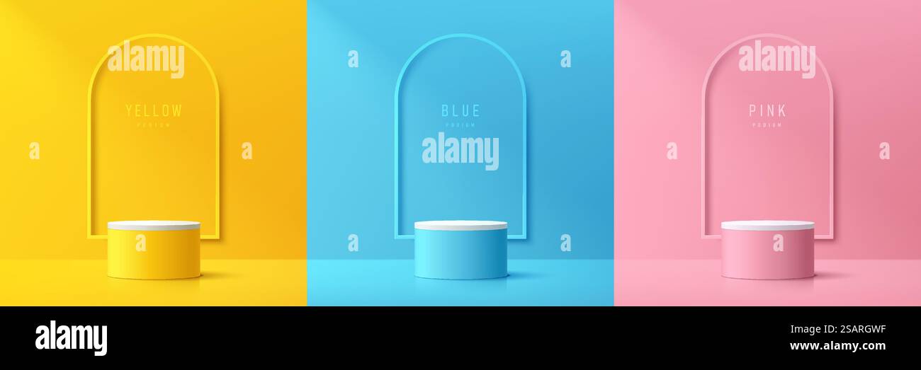 Set di camera 3D astratta con podio per cilindri realistico giallo, blu, rosa e bianco. Forma ad arco lineare sulla parete. Forma geometrica di rendering vettoriale. Display del prodotto di mockup. Scena minimalista. Vetrina sul palcoscenico. Illustrazione Vettoriale