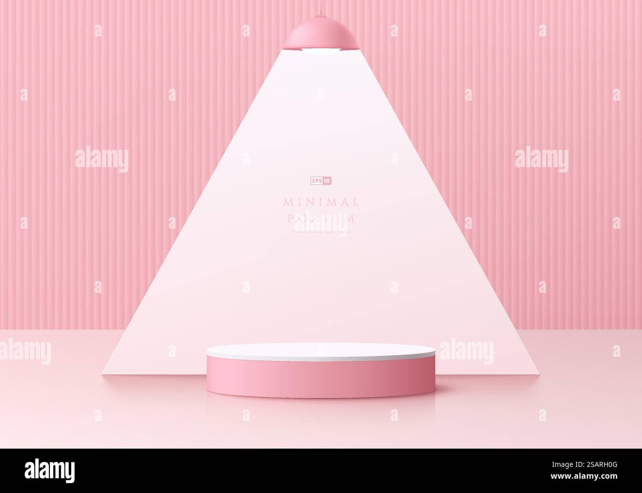 Sfondo 3D rosa astratto con piedistallo rosa realistico, forma triangolare e lampada sospesa. Parete minimale pastello per l'esposizione di prodotti mockup. Progettazione di forme geometriche. Vetrina sul palcoscenico. Illustrazione Vettoriale