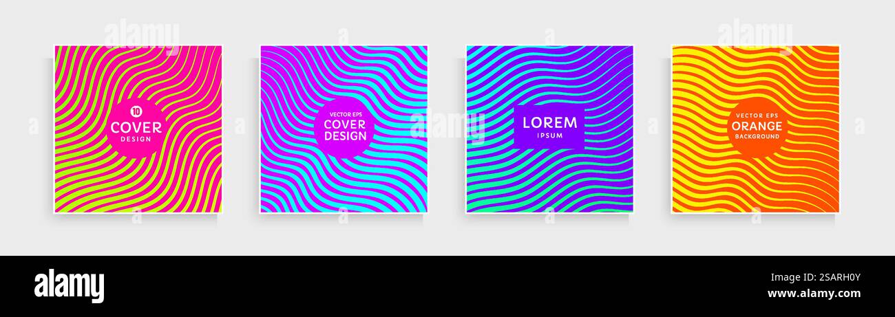 Serie di linee ondulate astratte con colori vivaci rosa, blu, viola e giallo arancione. Design alla moda della collezione a strisce colorate. Può essere utilizzato per copertina, poster, banner Web, volantini. EPS10 vettoriale Illustrazione Vettoriale