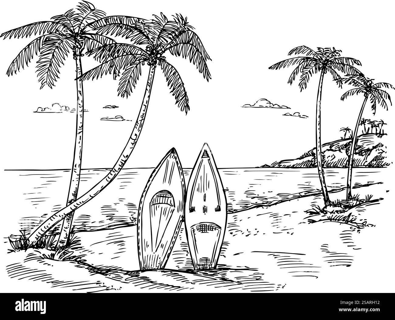Paradiso del surf disegnato a mano. Disegna palme, tavola da surf e sfondo vettoriale di spiaggia tropicale, illustrazione del design estivo del paradiso, schizzo delle vacanze. Paradiso del surf disegnato a mano. Disegna l'illustrazione di sfondo di palme, tavole da surf e spiagge tropicali Illustrazione Vettoriale