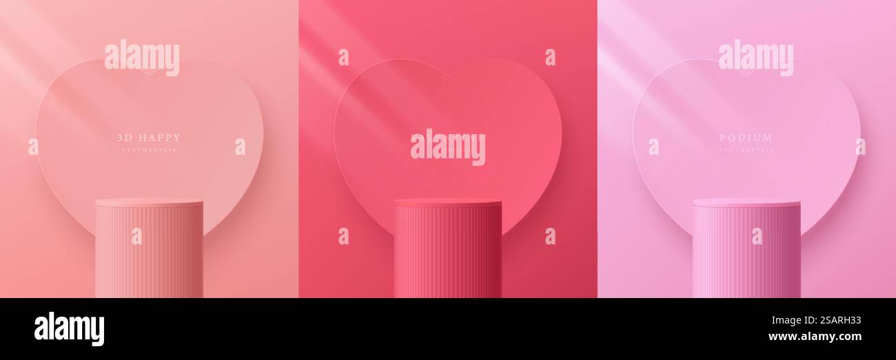 Set di sfondo 3D per san valentino con podio rosa e corallo realistico. Sfondo a forma di cuore. Forma geometrica vettoriale. Display del prodotto di mockup. Pareti color pastello minimale. Vetrina sul palcoscenico. Illustrazione Vettoriale
