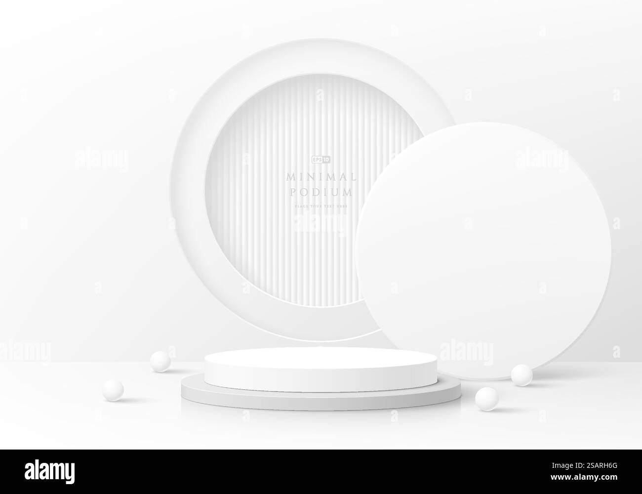 Sfondo 3D astratto, piedistallo del cilindro bianco e grigio realistico con finestra circolare sulla parete. Scenografia a parete minima per l'esposizione di prodotti mockup. Forme geometriche vettoriali. Vetrina rotonda. Illustrazione Vettoriale