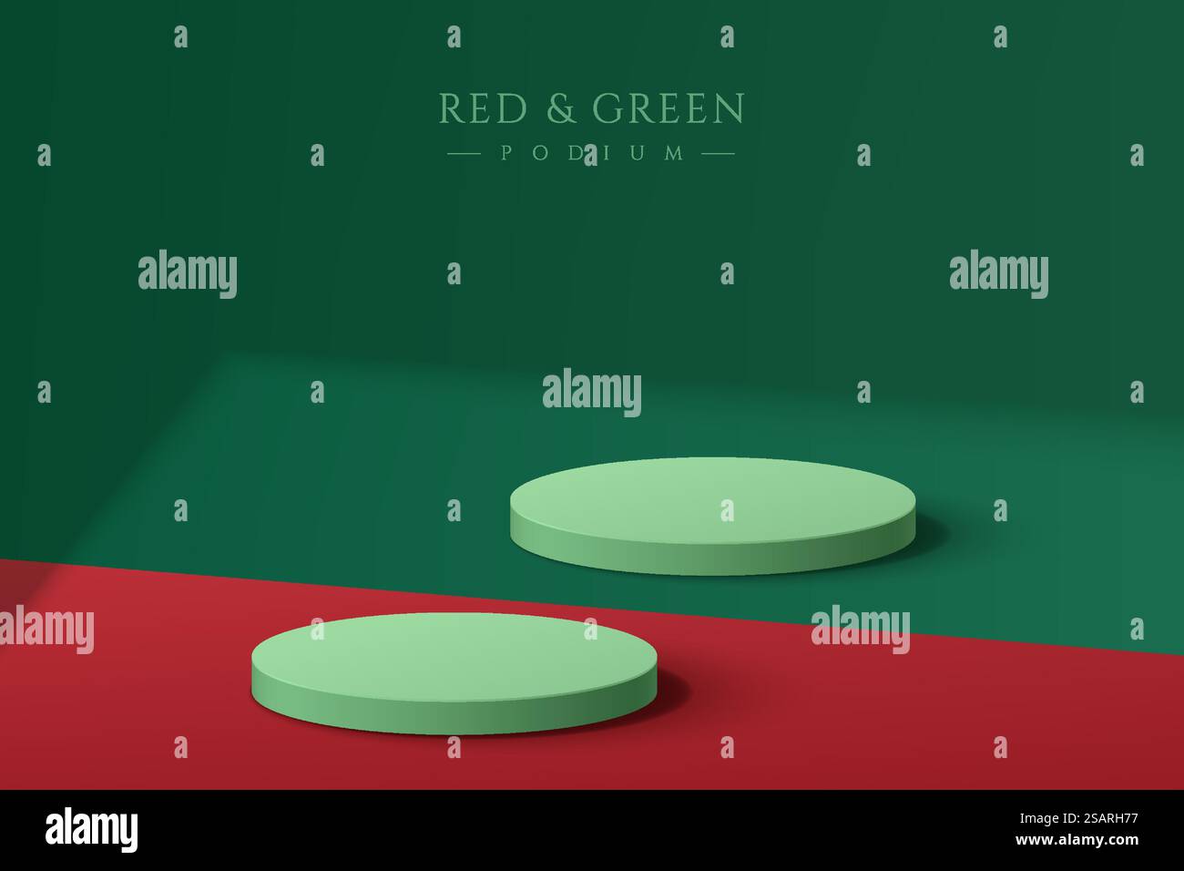 Piedistallo per cilindri 3D realistico e astratto, su pavimento rosso e verde con ombra. Scena minima per la presentazione natalizia dei prodotti. Piattaforma di rendering geometrico vettoriale. Illustrazione Vettoriale