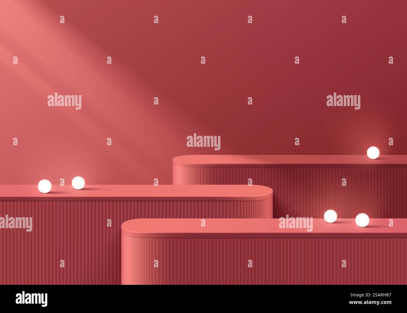 Sfondo natalizio in 3D astratto con piedistallo rotondo rosso realistico, podio prodotto e luce al neon con palla. Espositore mockup minimale per scene da parete di Capodanno. Forme geometriche vettoriali. Buona vetrina natalizia sul palco. Illustrazione Vettoriale