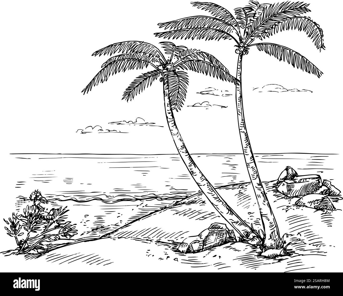 Disegnare un paesaggio con un albero di palma. Vacanza sulla spiaggia tropicale, paradiso sull'oceano, illustrazione vettoriale del paesaggio estivo con palme tropicali. Disegnare un paesaggio con un albero di palma. Vacanza sulla spiaggia tropicale, paradiso con sfondo vettoriale disegnato a mano sull'oceano Illustrazione Vettoriale
