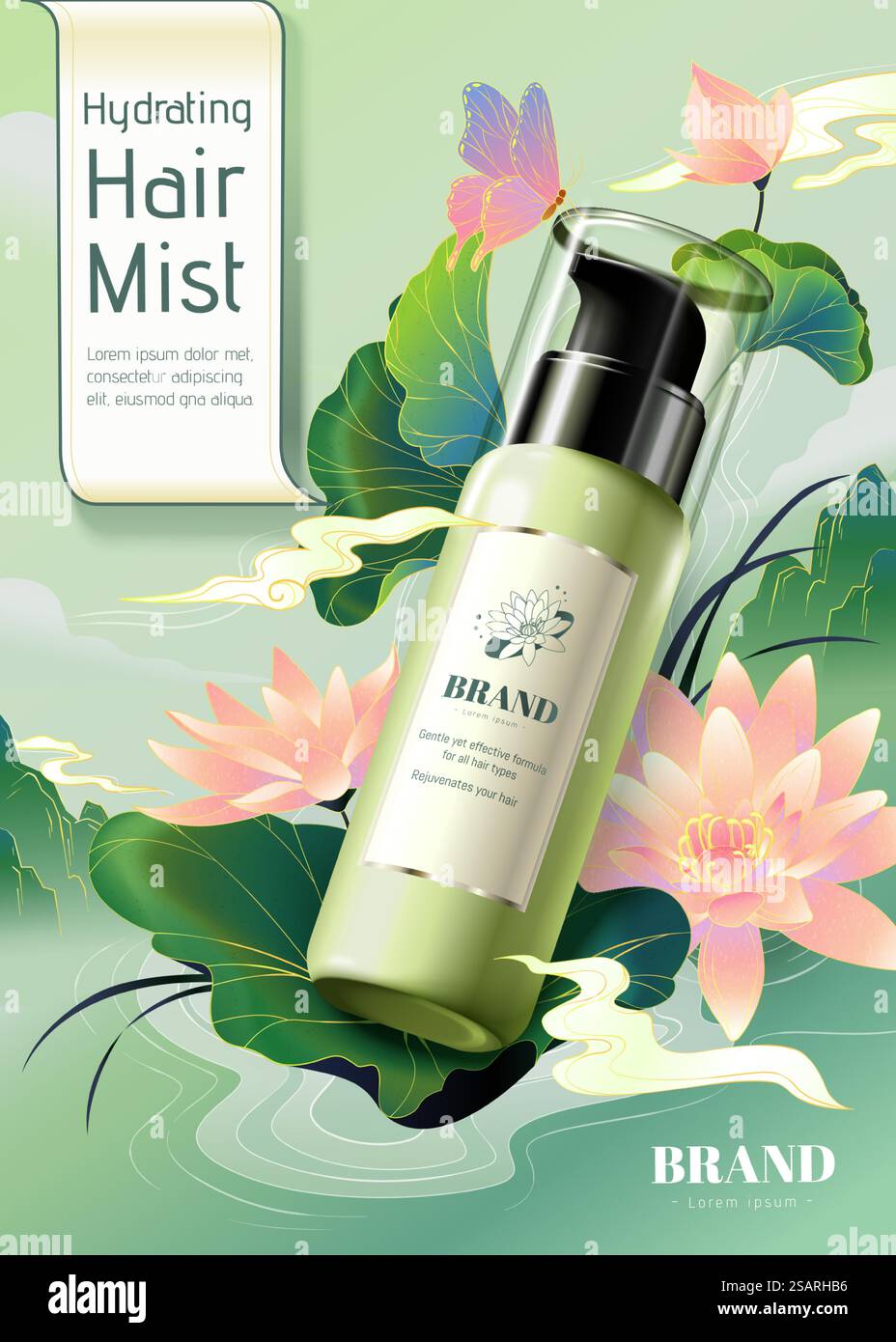 Elegante modello per la cura dei capelli orientali. mock-up di una bottiglia di plastica 3d con loto d'epoca e disegni di paesaggi di montagna sul fiume. Annuncio prodotti orientali per la cura dei capelli Illustrazione Vettoriale