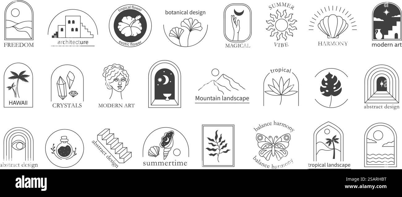 Modello di emblema tropicale lineare boemo. Badge minimali astratti, set vettoriale dal design moderno Boho. Paesaggio montano e tropicale, fiori esotici, farfalle e simboli d'arte moderna. Modello di emblema tropicale lineare boemo. Badge minimali astratti, set vettoriale dal design moderno Boho Illustrazione Vettoriale