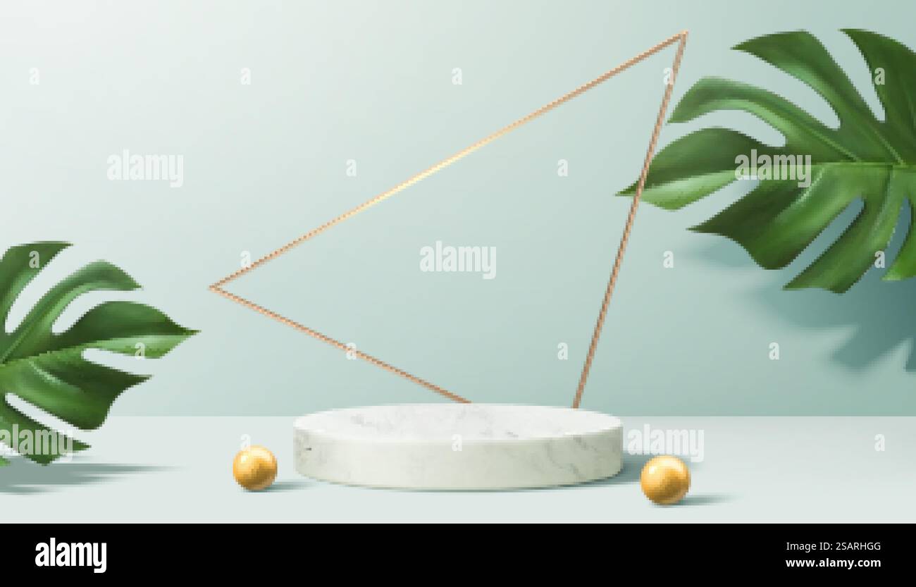 Espositore di prodotti decorato con perle e foglie in blu acqua, illustrazione 3d. Accattivante podio per l'esposizione dei prodotti Illustrazione Vettoriale