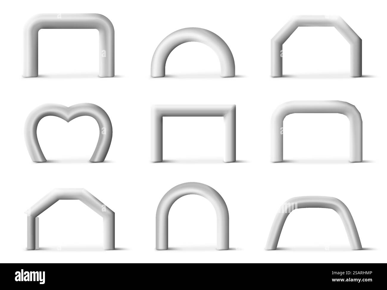 Arco gonfiabile, cancelli d'ingresso del tubo dell'elio, arco a palloncino di forma diversa illustrazione vettoriale 3d vuoto mockup vuoto. Cornice geometrica per esposizioni o competizioni sportive. Illustrazione vettoriale 3d con mockup dei cancelli d'ingresso del tubo ad arco gonfiabile Illustrazione Vettoriale