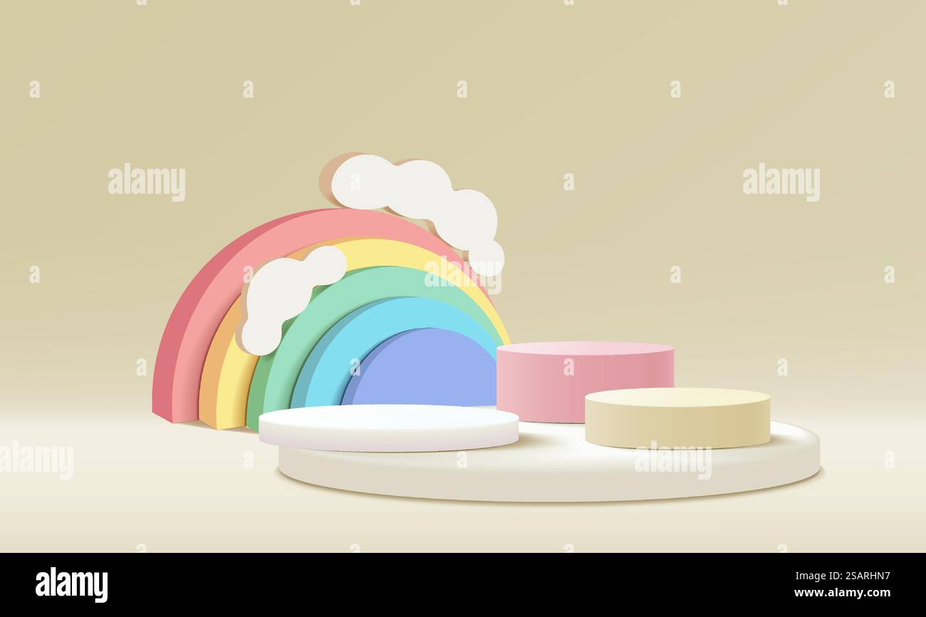 podio 3d su sfondo pastello forme geometriche astratte con grazioso arcobaleno, esposizione di prodotti per bambini Illustrazione Vettoriale