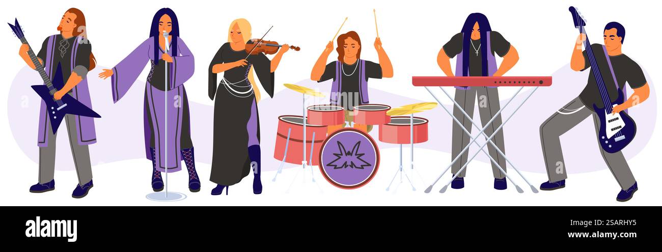 Personaggi dei cartoni animati di artisti heavy metal rock che indossano costumi festivi che cantano canzoni che suonano musica. Talentuoso, cantante, chitarrista rock-n-roll, batterista, violinista e pianista perderanno illustrazione vettoriale. Set isolato di personaggi dei cartoni animati di artisti heavy metal rock Illustrazione Vettoriale