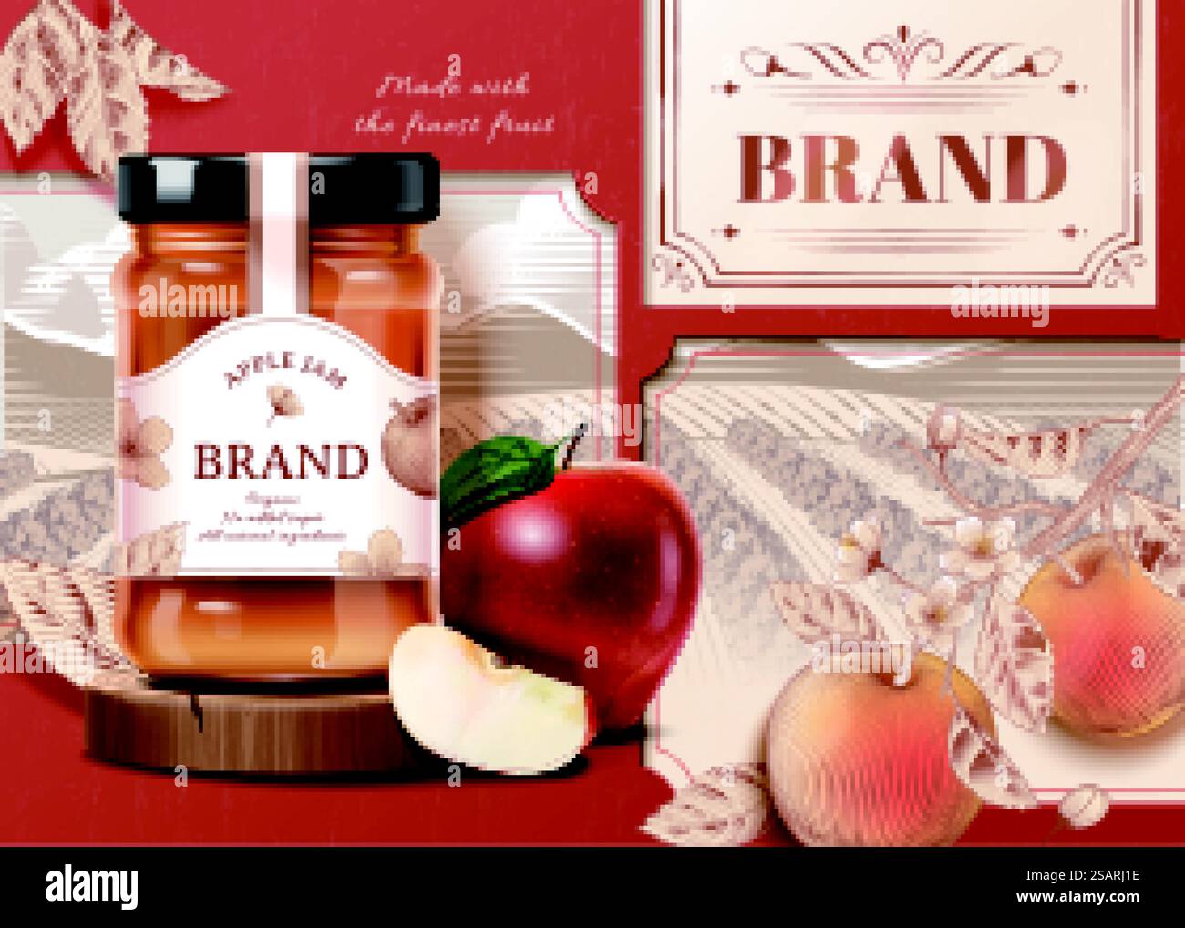 Modello di annuncio per marmellata di mele vintage. mockup in vetro 3d su palco in legno con frutta realistica e sfondo di un campo agricolo inciso. Modello di annuncio per mele rosse vintage Illustrazione Vettoriale