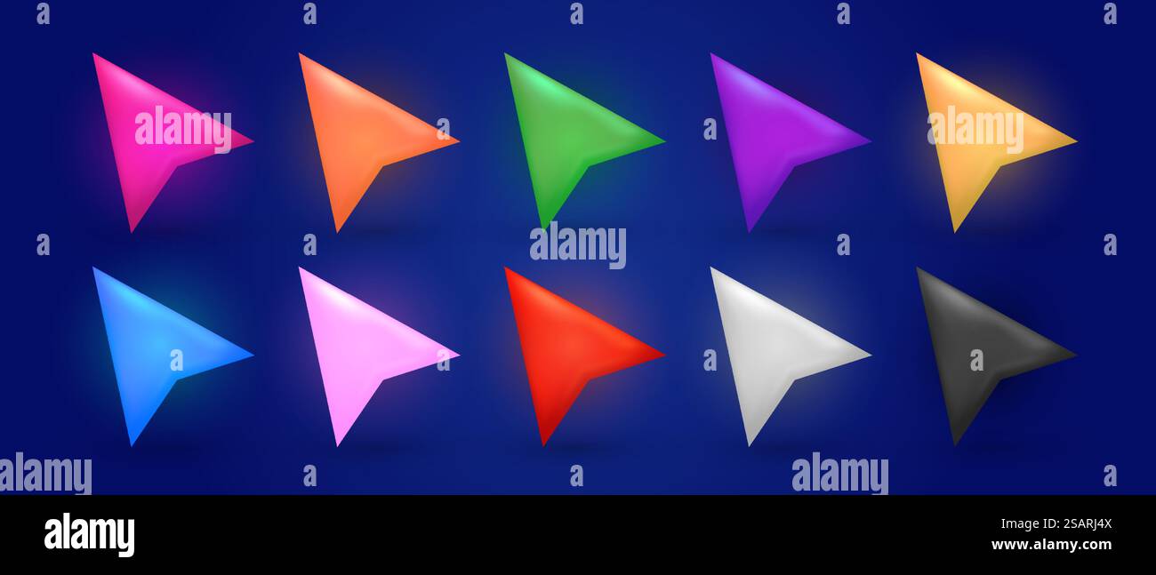 Frecce colorate, cursori del mouse per il gioco del computer e la progettazione dell'interfaccia utente. Cartoon vettoriale Set di puntatori lucidi, pulsanti a freccia carini e icone per l'interfaccia utente isolato su sfondo blu Illustrazione Vettoriale