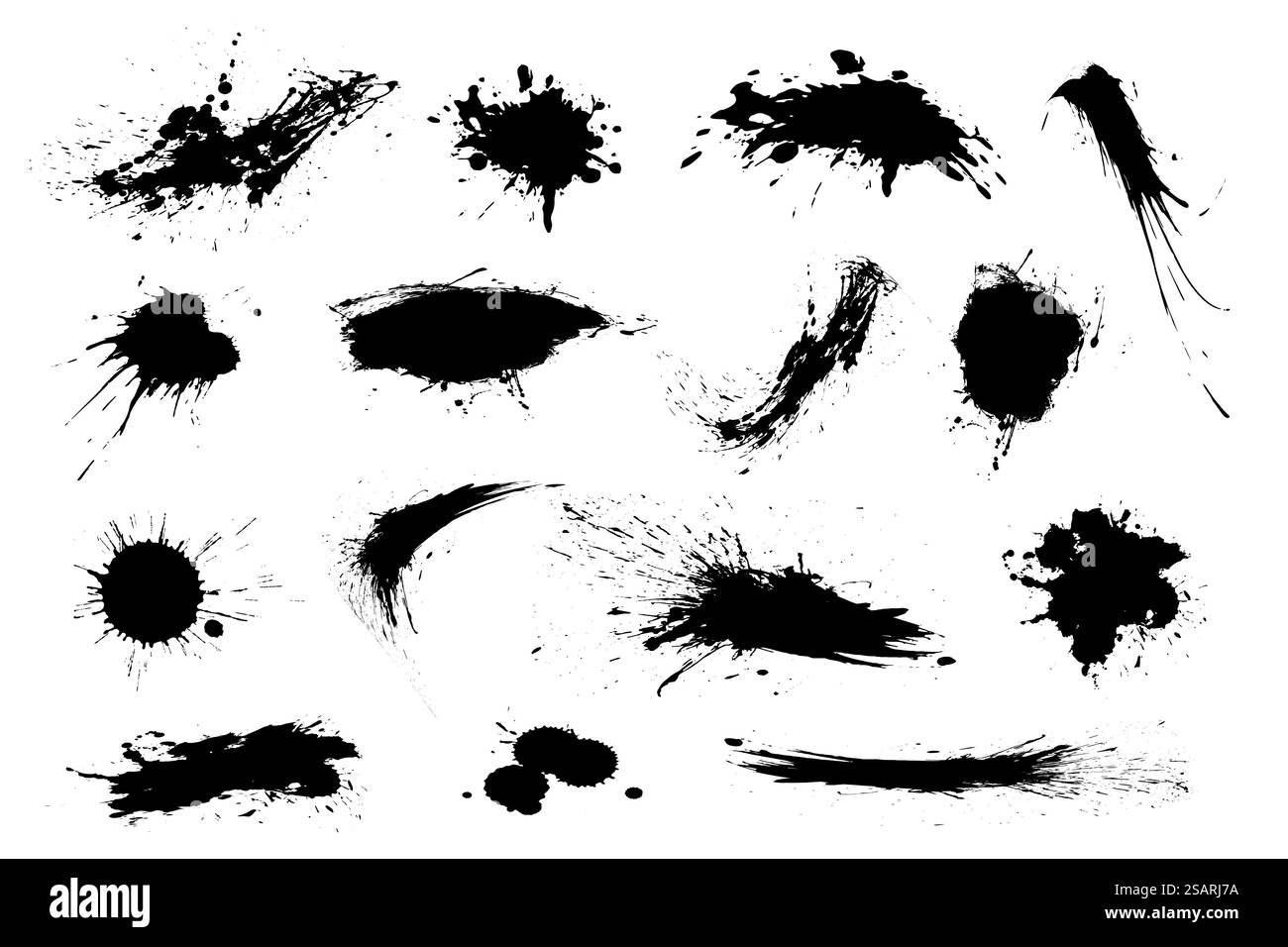 Set di Black Blot, pennellate. Collezione vettoriale di vernice nera grungy artistica Set di pennelli creativi realizzati a mano isolati su sfondo bianco. Grunge elementi di disegno. Illustrazione vettoriale EPS10 Illustrazione Vettoriale
