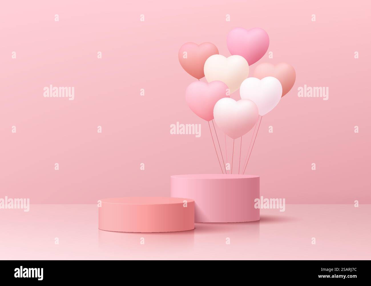 Sfondo Valentine 3D con realistico podio rosa con piedistallo cilindrico, cuori galleggianti. Espositore di prodotti mockup per pareti minimali color pastello. Forme geometriche astratte. Vetrina rotonda. Illustrazione Vettoriale